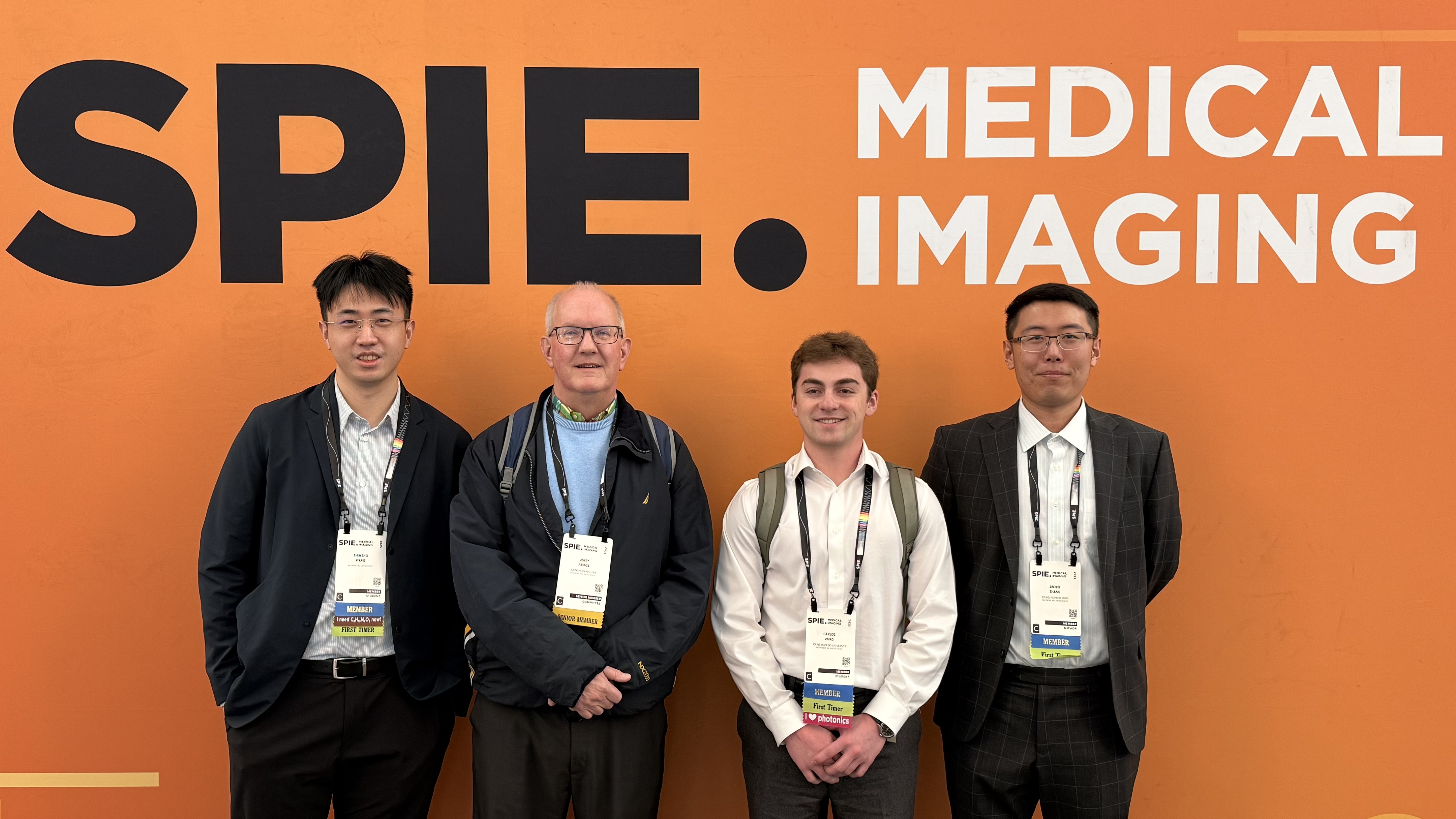 Prof. J.L. Prince with Shimeng Wang, Carlos Rivas, and Dr. Jinwei Zhang at Proceedings of SPIE Medical Imaging (SPIE-MI 2025), San Diego, CA, February 16–20, 2025.